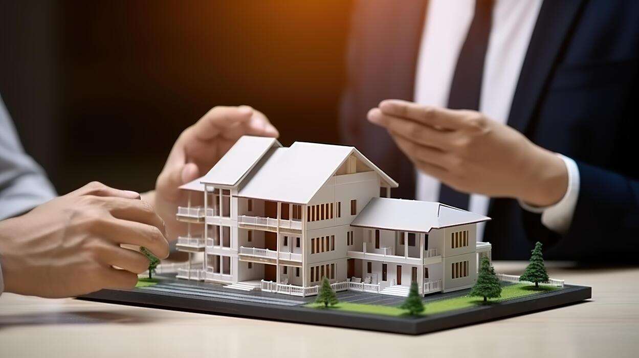 ai-generated-real-estate-agent-presenting-house-model-to-customer-real-estate-business-concept-photo